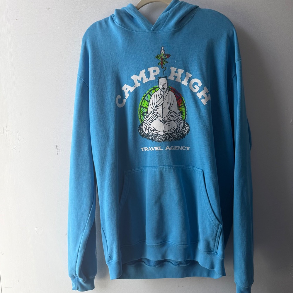 Camp High‎ Travel Agency Hoodie Blue Spiritual Graphic Globe Logo Pullover Mens